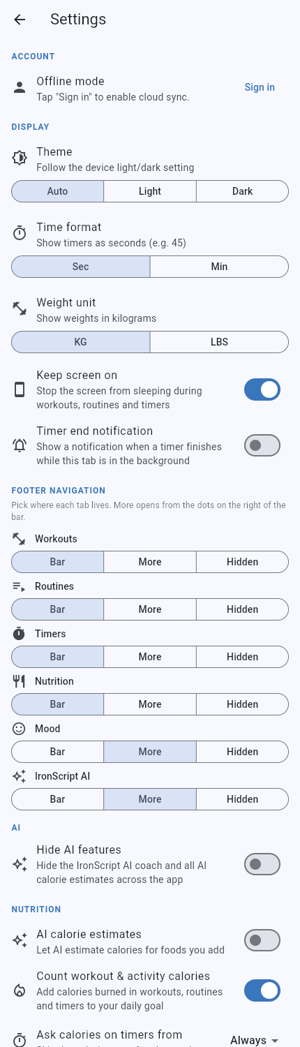 Settings screen