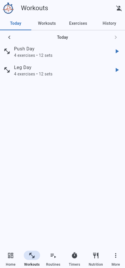 Workouts Today tab