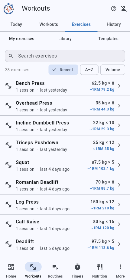 My exercises sub-tab