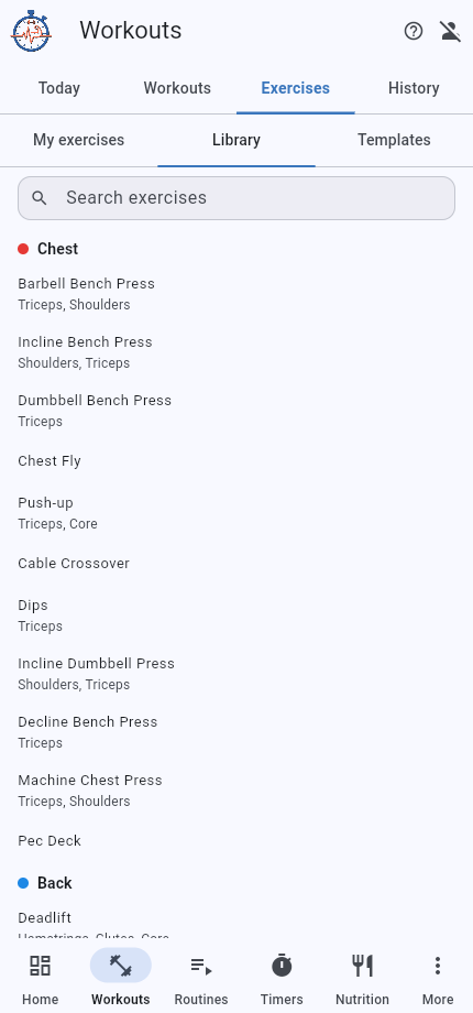 Exercise library sub-tab