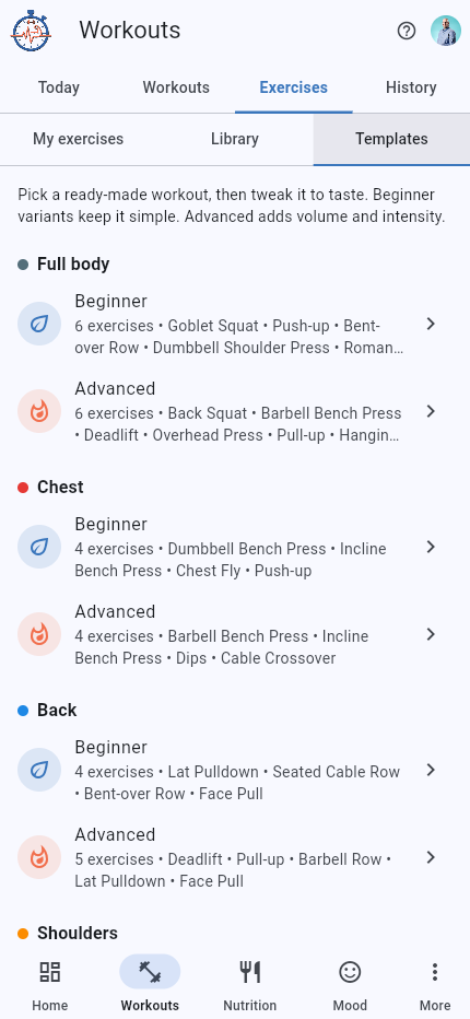 Workout templates sub-tab