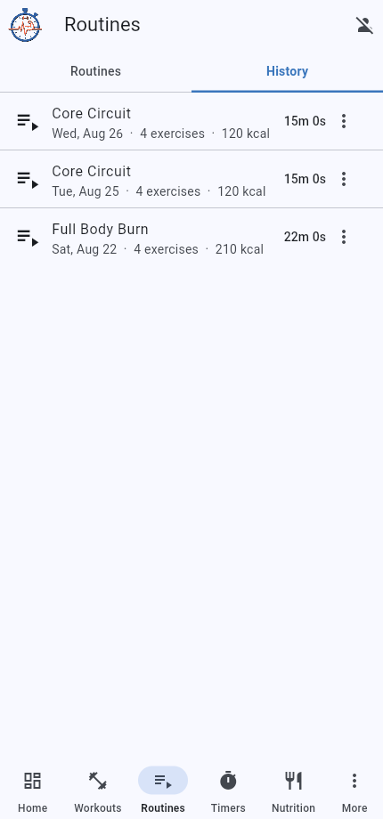 Routines history tab