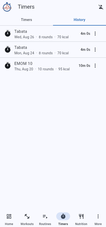 Timers history tab
