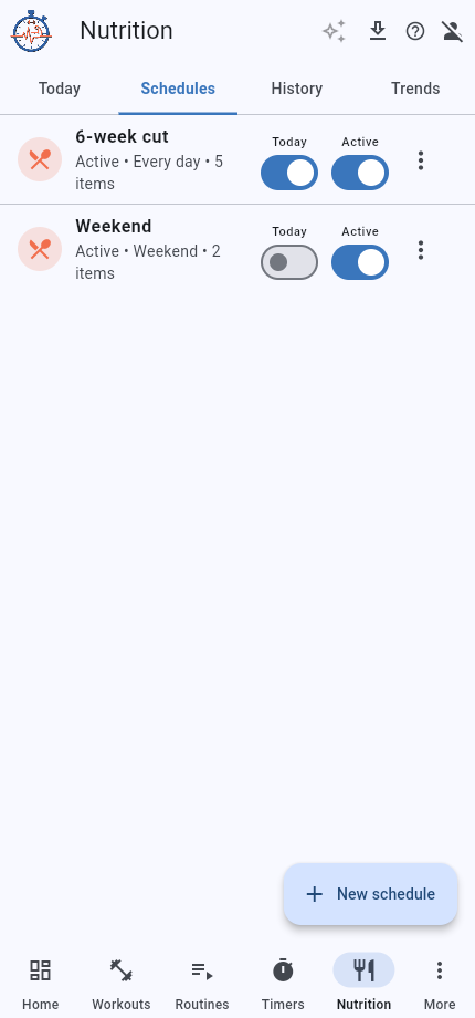 Nutrition schedules tab