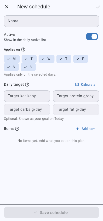 New nutrition schedule editor