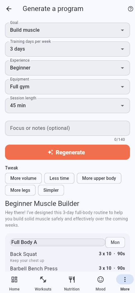 Coach workout program generator