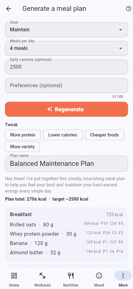 Coach meal plan generator