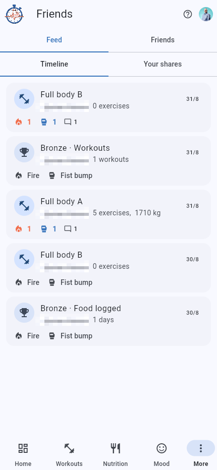 Friends feed with shared workouts