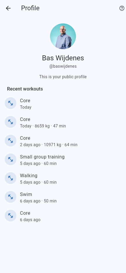 A public profile with recent workouts