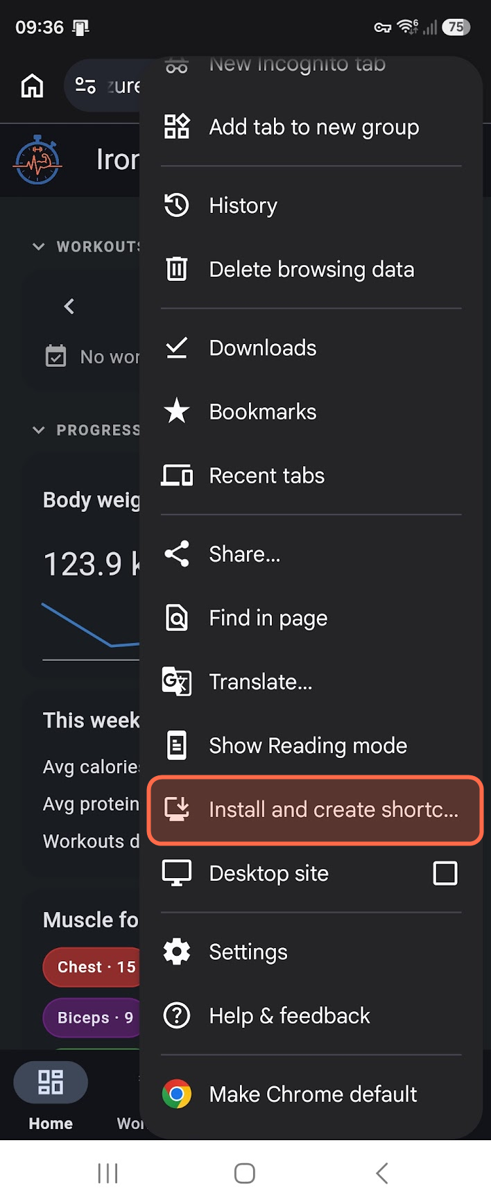 The Chrome menu with Install and create shortcut highlighted