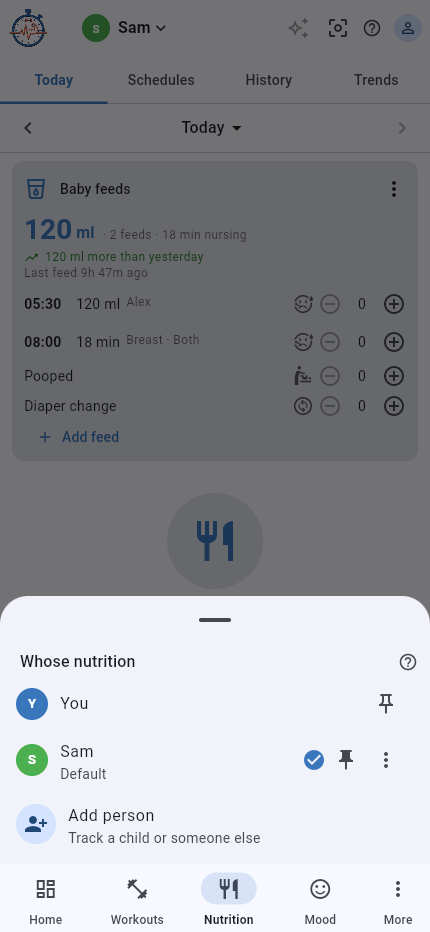 Nutrition person switcher with Sam selected and pinned as the default