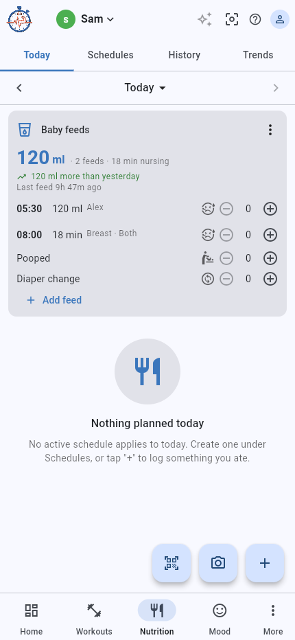 The baby feeds card for a baby with feed types, spit up, a Pooped counter and the day trend