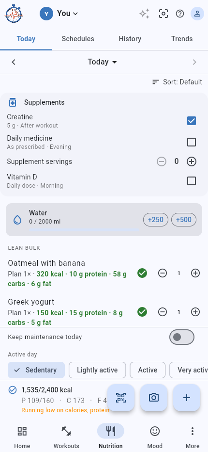 Nutrition Today with supplements and daily medicine, checkboxes and a plus and minus counter