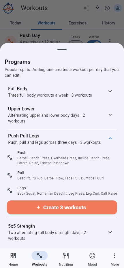 Workout programs with Push Pull Legs expanded and the Create 3 workouts button