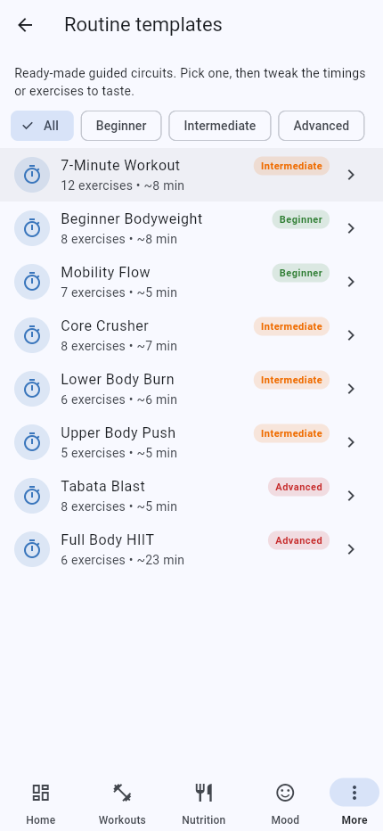 Routine templates with difficulty filters and guided circuits