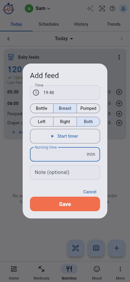 Add feed dialog with Breast selected, side choices and Start timer