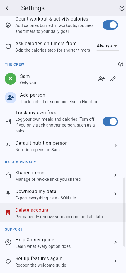 Settings showing Track my own food and Sam as the default nutrition person
